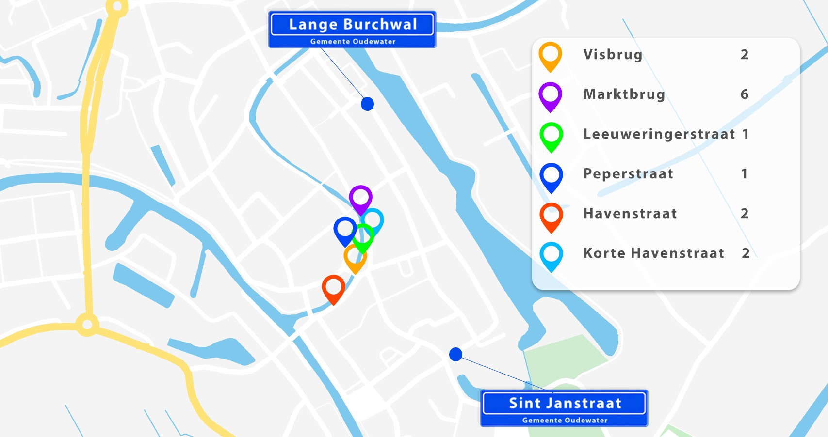 overzichtskaart van bruggen en kades binnenstad Oudewater